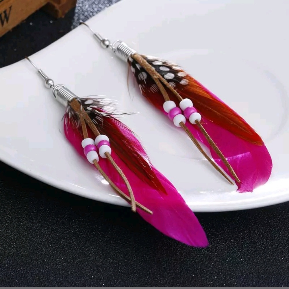BOHO Pink Feather and Beaded Festival Earrings